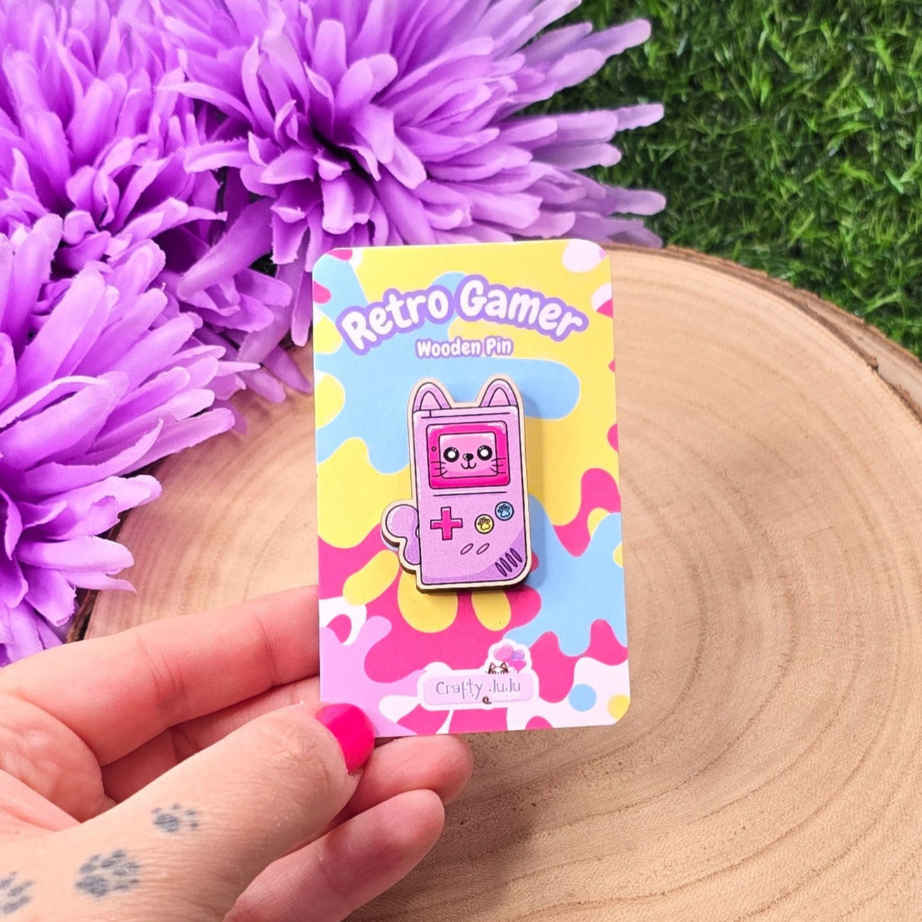 Retro Gamer Kitty Cat Eco-Friendly Wooden Pin