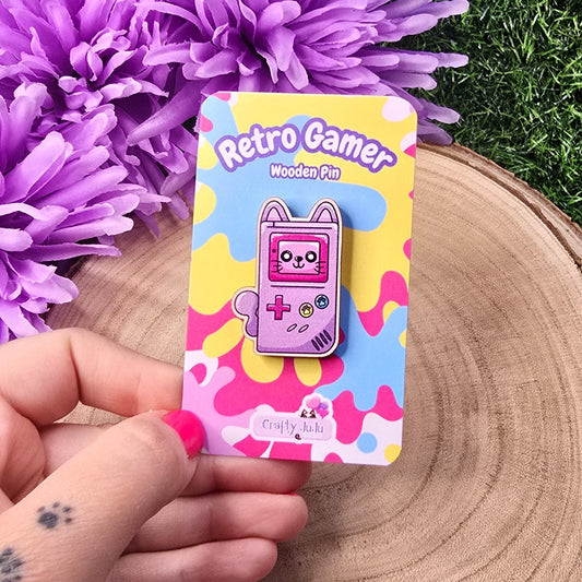 Retro Gamer Kitty Cat Eco-Friendly Wooden Pin