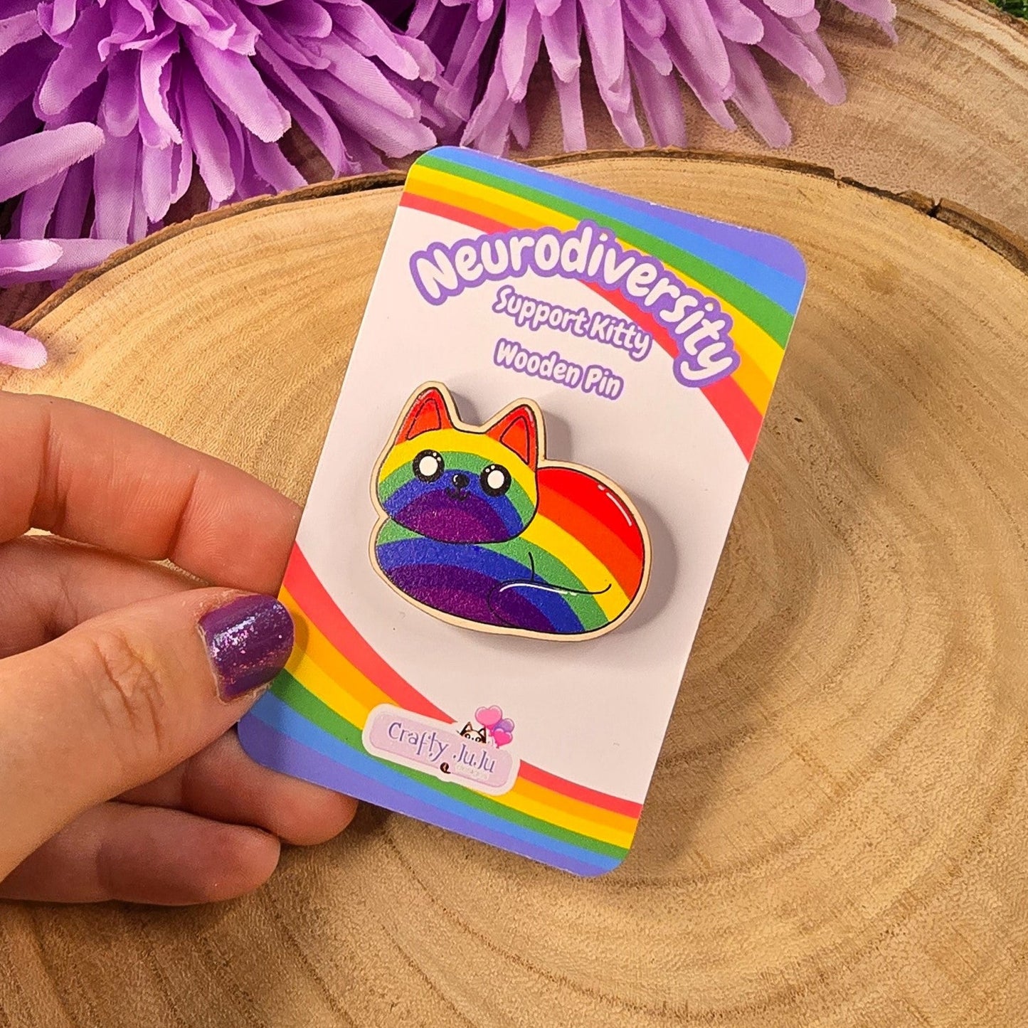 Neurodiversity Kitty Cat Eco-Friendly Wooden Pin