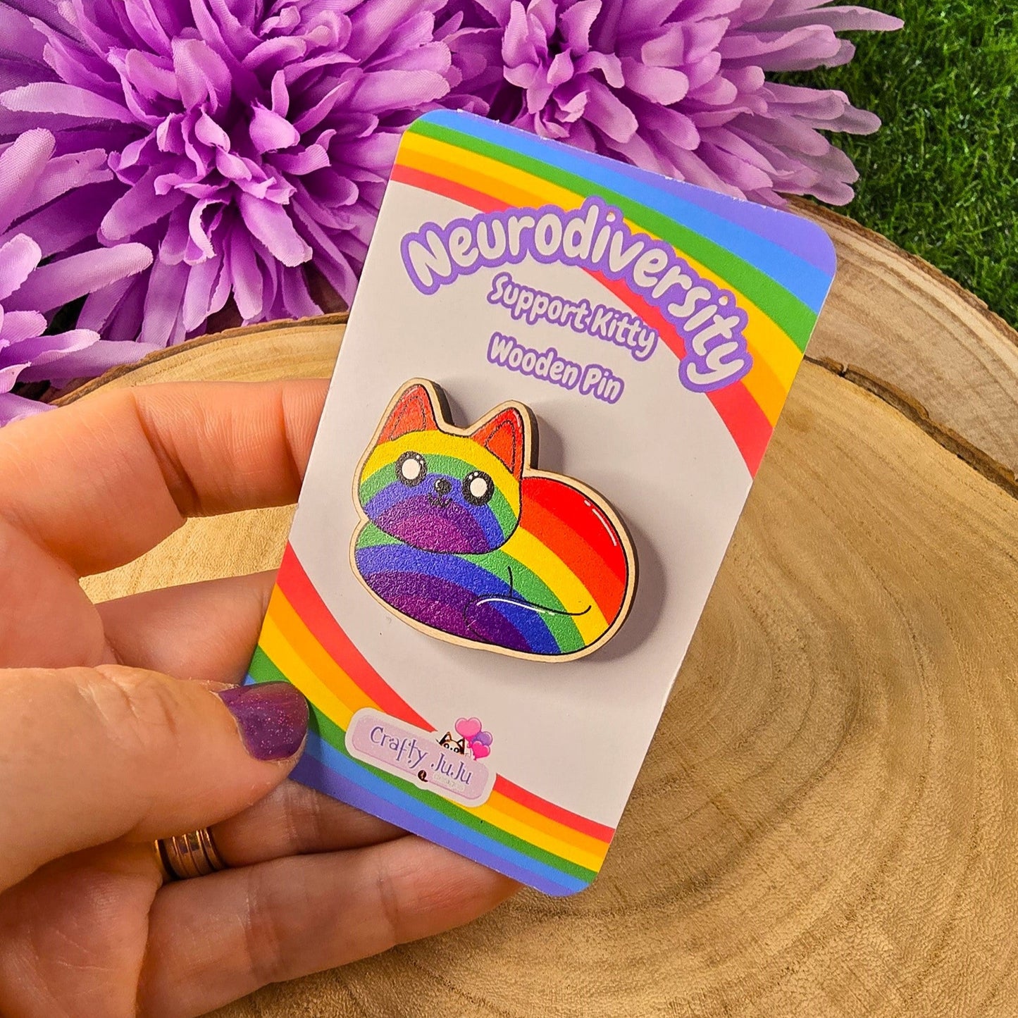 Neurodiversity Kitty Cat Eco-Friendly Wooden Pin