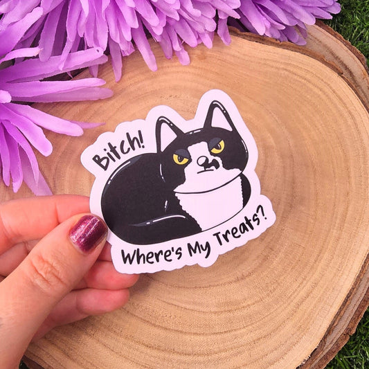 Sticker with a cat design held over a wooden surface with purple flowers in the background