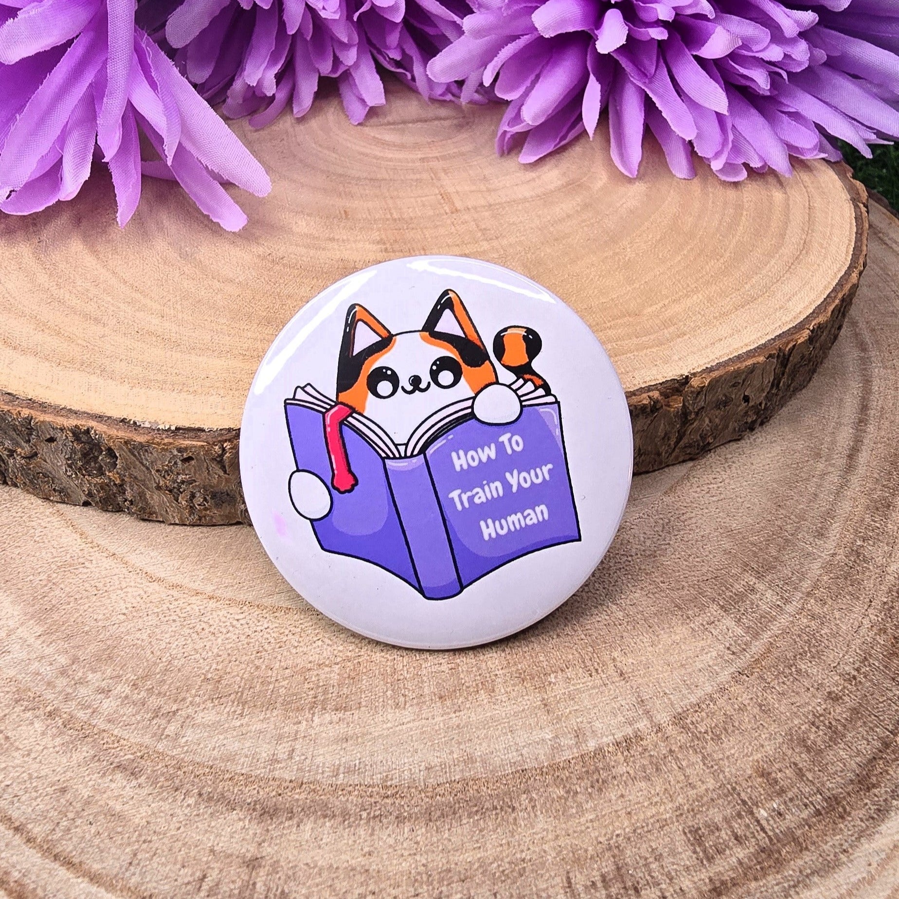 Button badge with a cat reading a book design on a wooden surface with purple flowers.