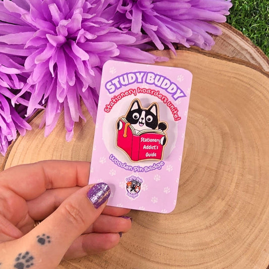 Study Buddy Wooden Pin Badge – Bruce the Tuxedo Cat Reading Pink Book | Eco-Friendly Stationery Lover Gift