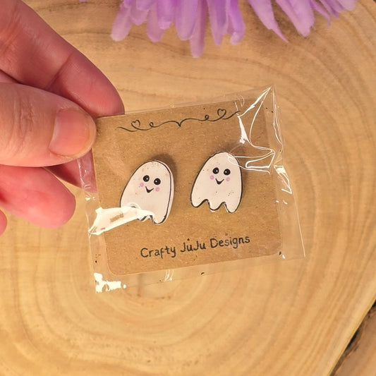 Handmade Ghost Earrings – White Shrink Plastic & Resin - Cute Spooky Jewellery - End of Line - Last Pair