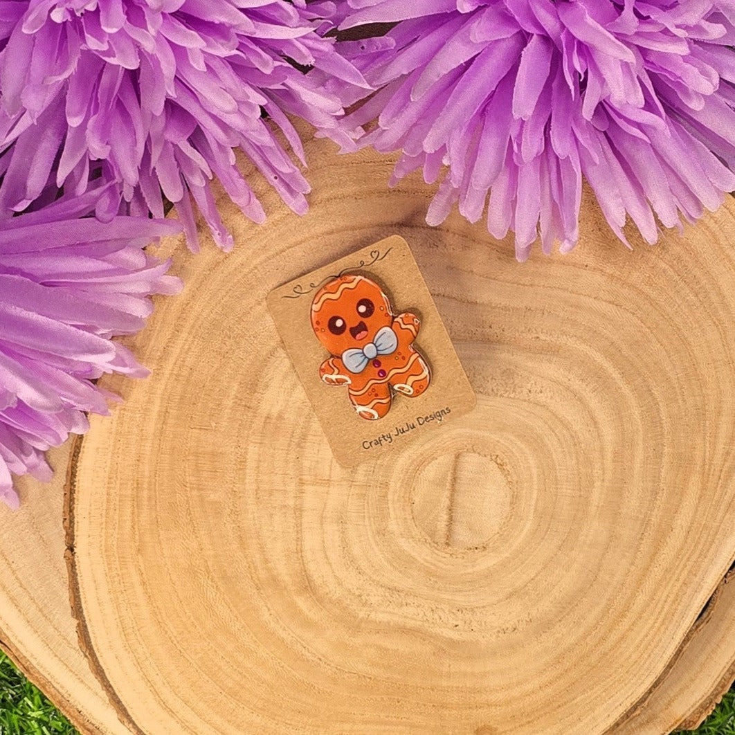 Gingerbread Man Pin – Handmade Shrink Plastic Badge - Resin Coated - End of Line Christmas Gift - Last Few Left