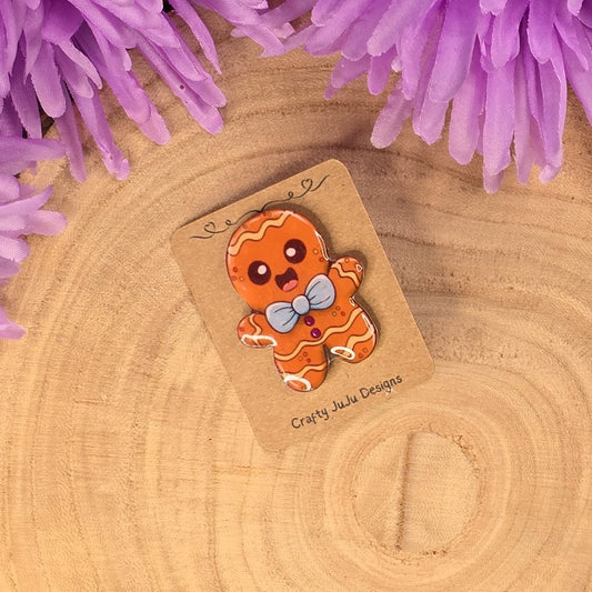 Gingerbread Man Pin – Handmade Shrink Plastic Badge - Resin Coated - End of Line Christmas Gift - Last Few Left