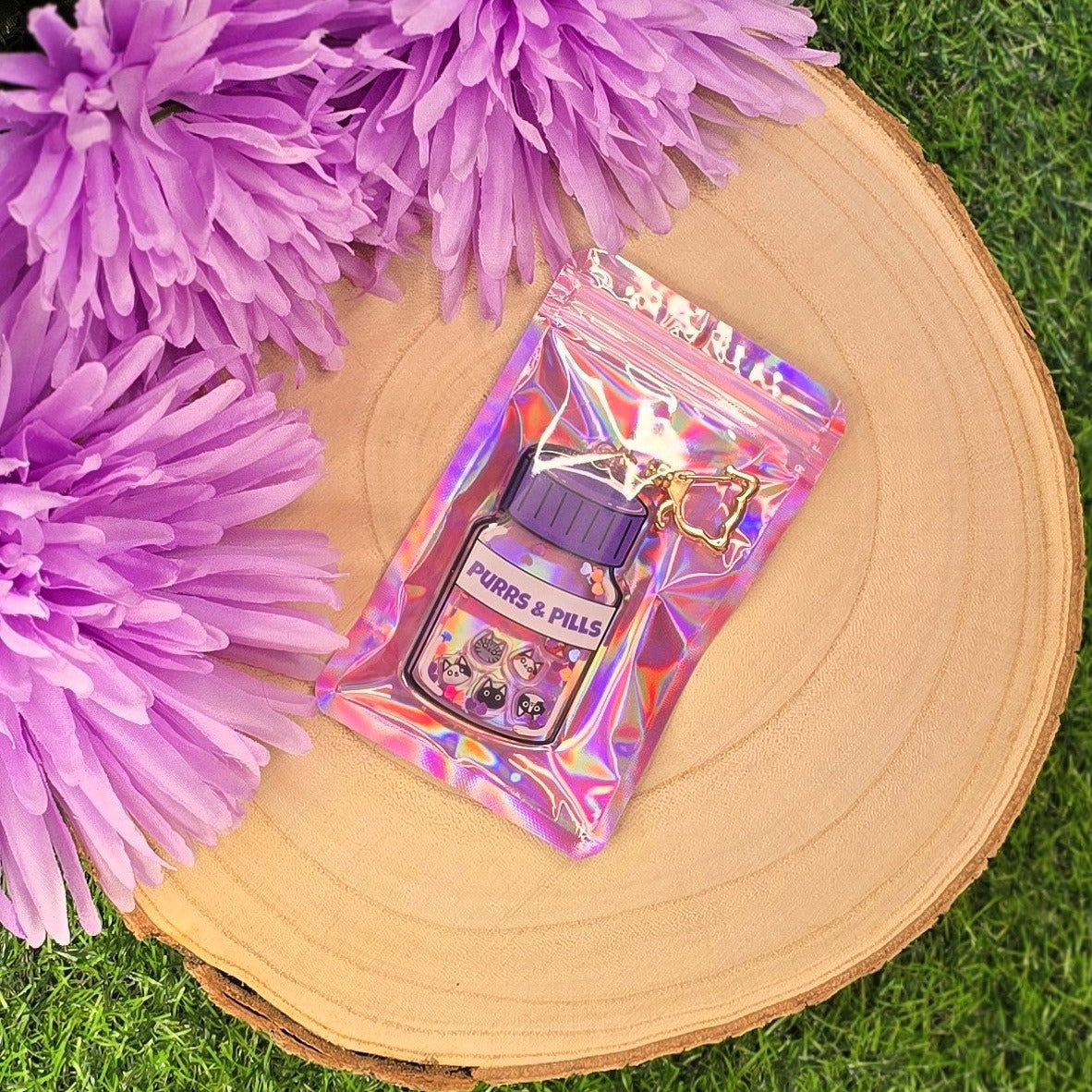 Purrs & Pills Acrylic Shaker Keyring | Cute Cat Keychain | Pink & Purple Heart Sequin Cat Heads