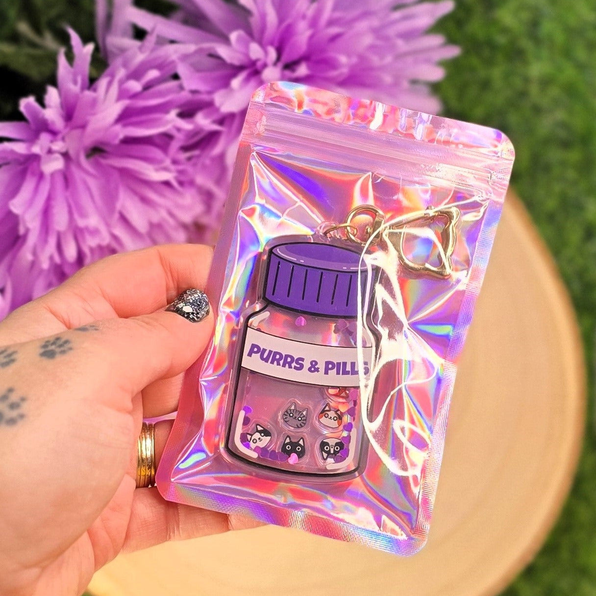 Purrs & Pills Acrylic Shaker Keyring | Cute Cat Keychain | Pink & Purple Heart Sequin Cat Heads