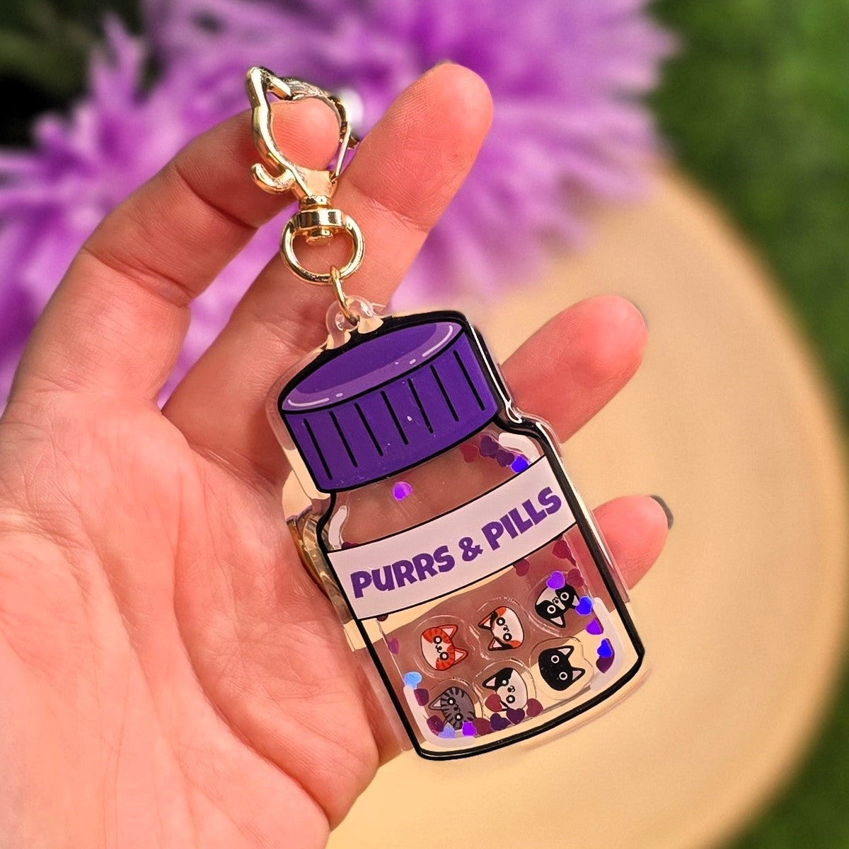 Purrs & Pills Acrylic Shaker Keyring | Cute Cat Keychain | Pink & Purple Heart Sequin Cat Heads
