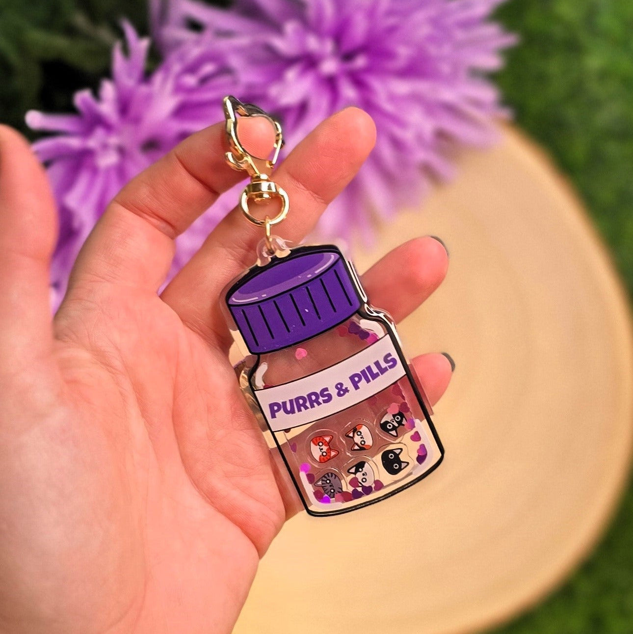 Purrs & Pills Acrylic Shaker Keyring | Cute Cat Keychain | Pink & Purple Heart Sequin Cat Heads