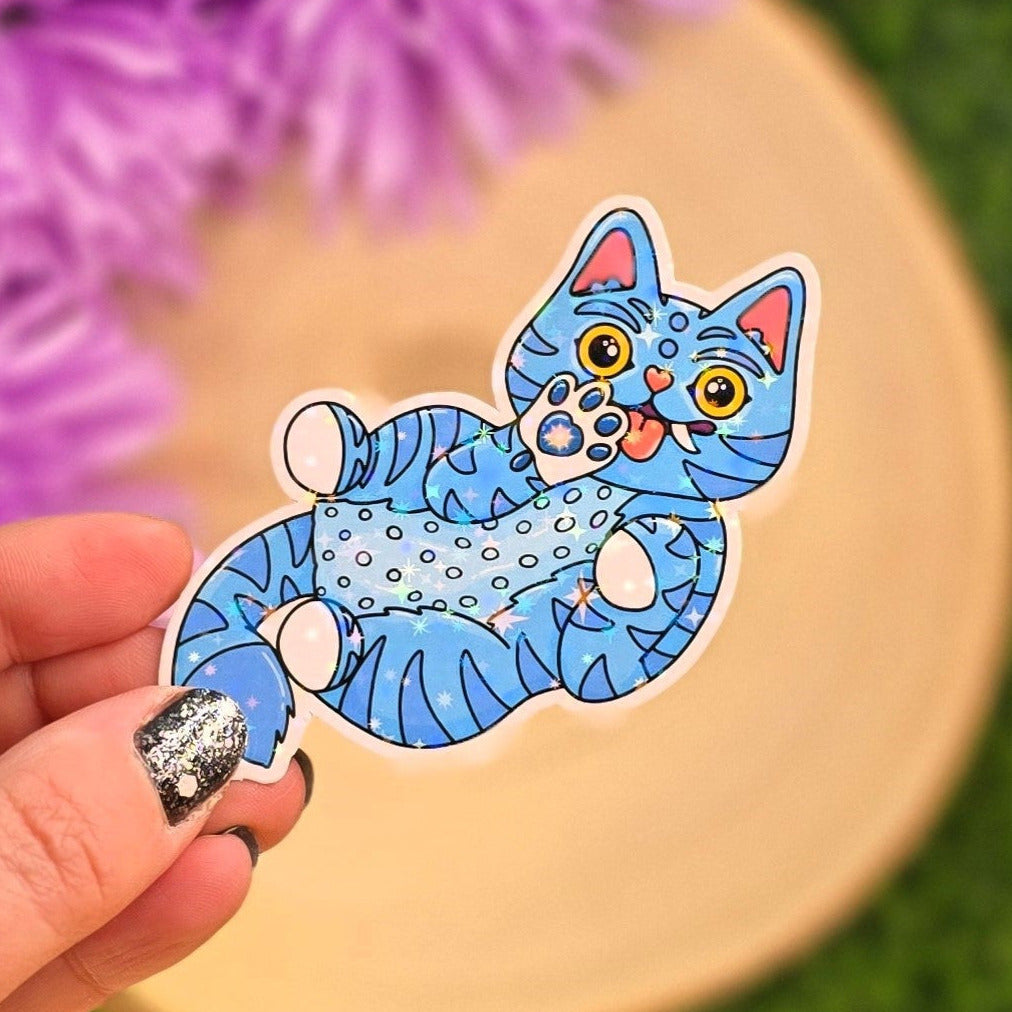 Playful Blue Cat Holographic Sticker | Cute Sparkly Vinyl Cat Sticker | Magical Cat Lovers Gift