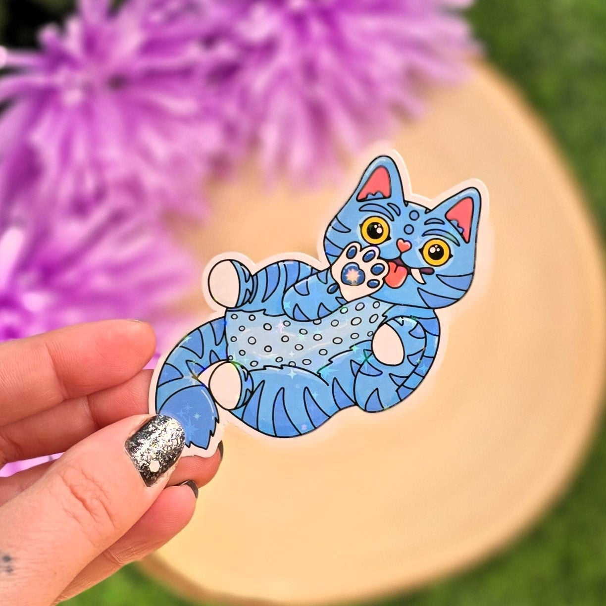 Playful Blue Cat Holographic Sticker | Cute Sparkly Vinyl Cat Sticker | Magical Cat Lovers Gift