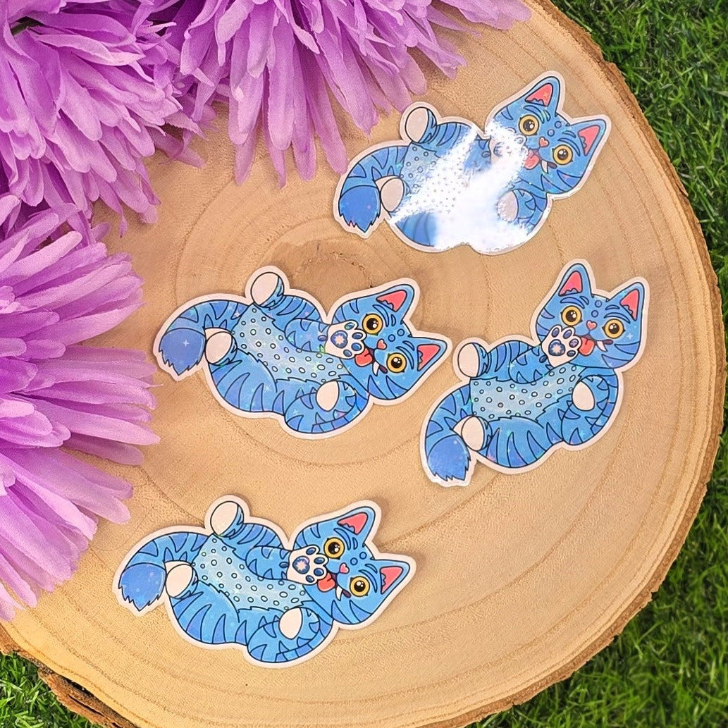 Playful Blue Cat Holographic Sticker | Cute Sparkly Vinyl Cat Sticker | Magical Cat Lovers Gift