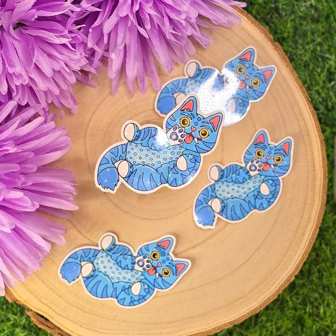 Playful Blue Cat Holographic Sticker | Cute Sparkly Vinyl Cat Sticker | Magical Cat Lovers Gift
