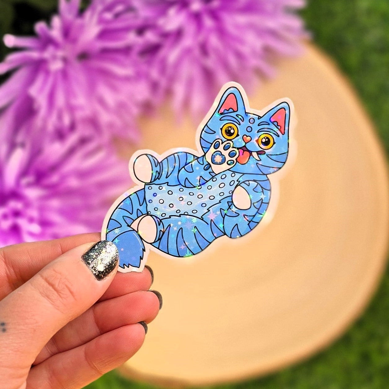 Playful Blue Cat Holographic Sticker | Cute Sparkly Vinyl Cat Sticker | Magical Cat Lovers Gift