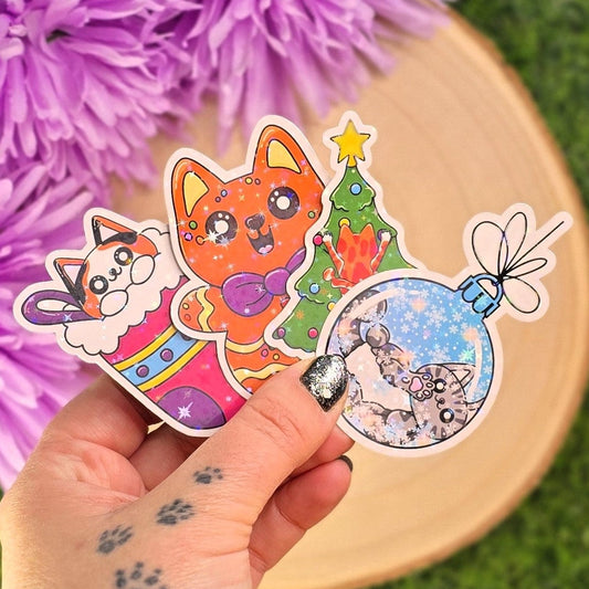 Christmas Cat Sticker Collection | Cute Holographic Vinyl Cat Stickers | Festive Cat Lovers Gift
