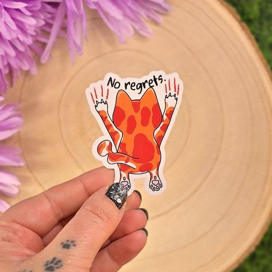 No Regrets – Funny Ginger Cat Vinyl Sticker - Tony Scratching Down Wall