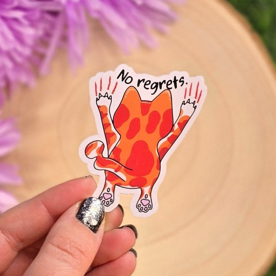 No Regrets – Funny Ginger Cat Vinyl Sticker - Tony Scratching Down Wall