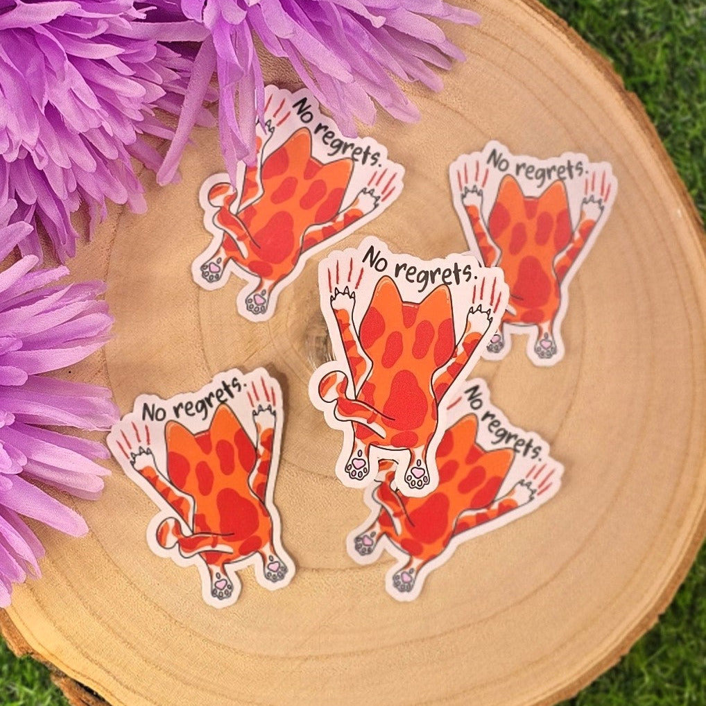 No Regrets – Funny Ginger Cat Vinyl Sticker - Tony Scratching Down Wall