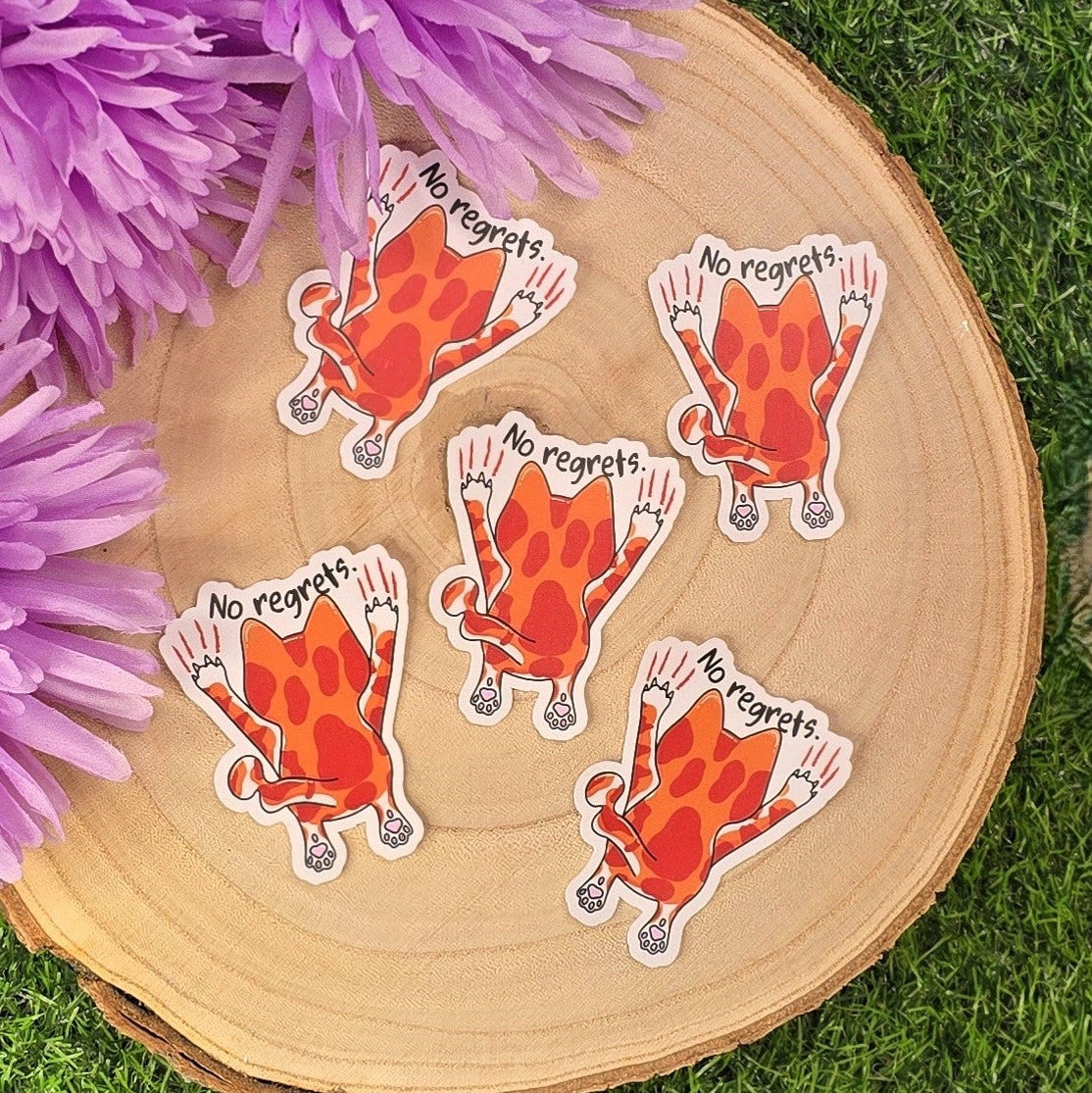 No Regrets – Funny Ginger Cat Vinyl Sticker - Tony Scratching Down Wall