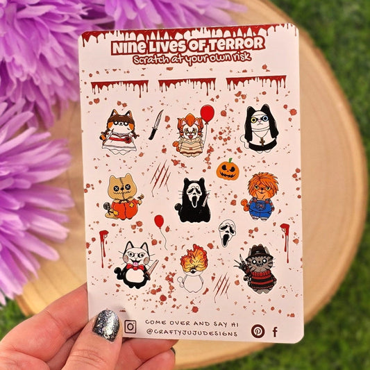 Nine Lives of Terror Cat Planner Sticker Sheet – Handmade Halloween Horror Cats Planner Stickers 🎃