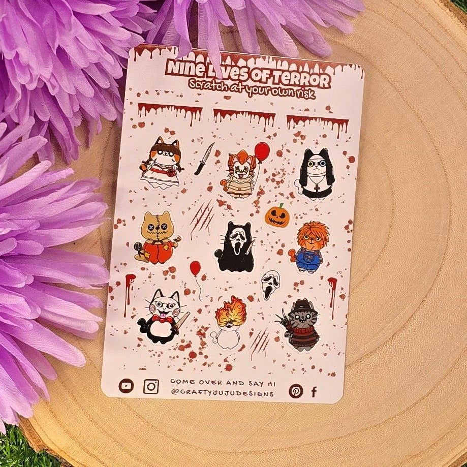 Nine Lives of Terror Cat Planner Sticker Sheet – Handmade Halloween Horror Cats Planner Stickers 🎃