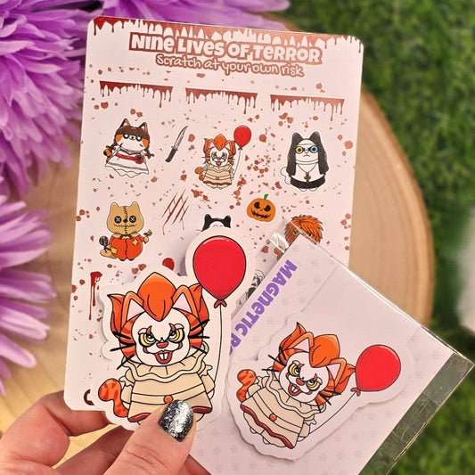 Horror Cat Sticker Set – Creepy Cute Vinyl Cat Stickers, Magnetic Bookmark & Planner Stickers | Halloween Cat Gift