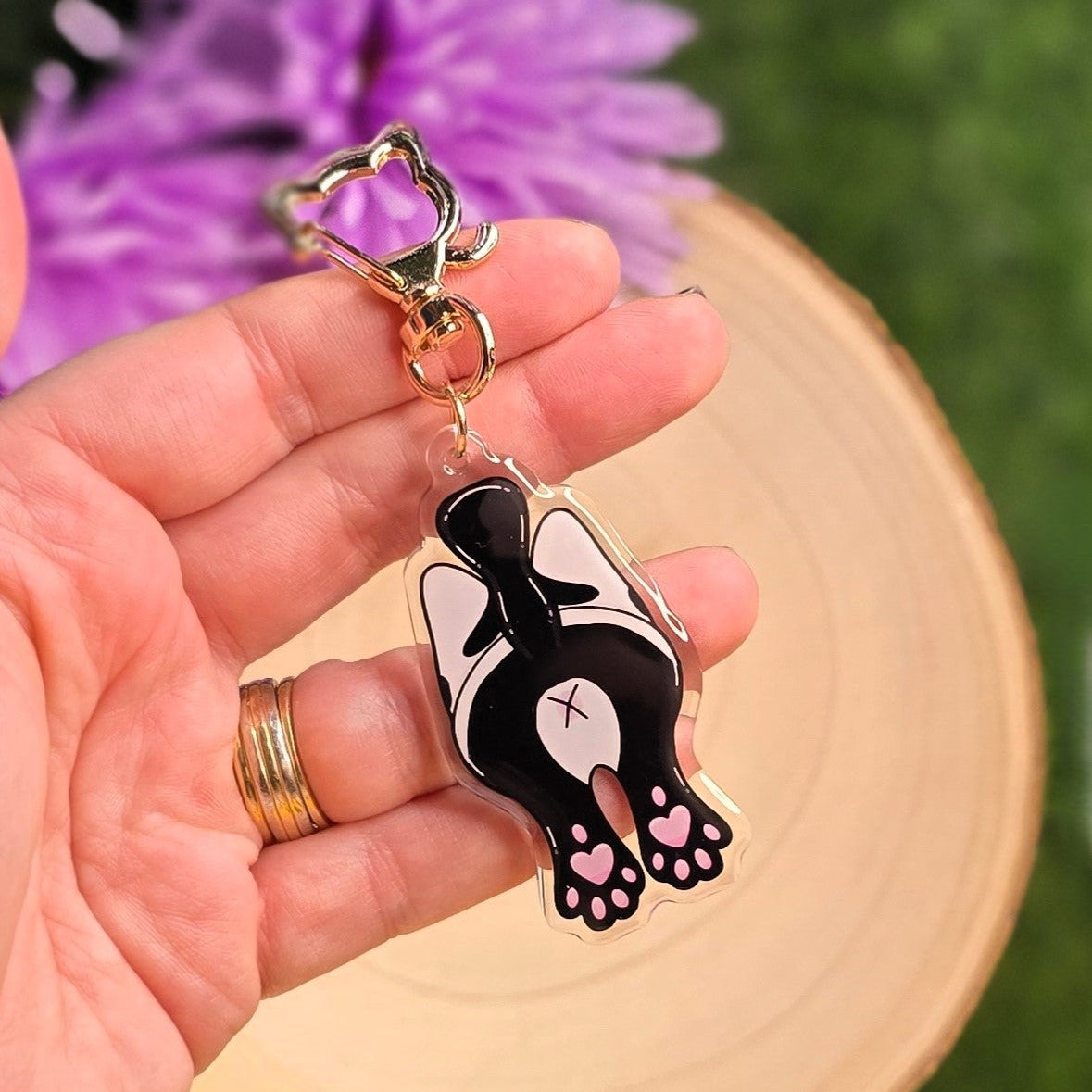 Cat Butt Acrylic Keyring – Black & White - Double-Sided Cheeky Cat Accessory