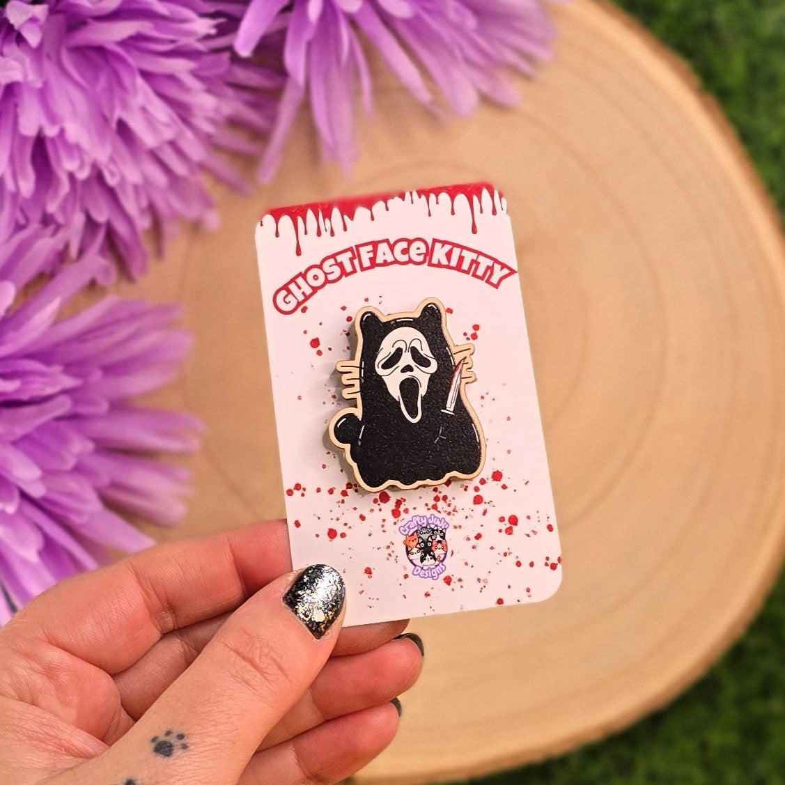 Spooky Ghost Face Kitty Black Cape Cat Wooden Pin | Horror Kitty Collectable Pin