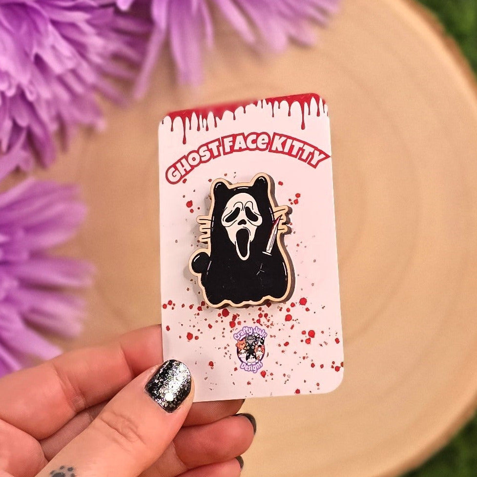 Spooky Ghost Face Kitty Black Cape Cat Wooden Pin | Horror Kitty Collectable Pin