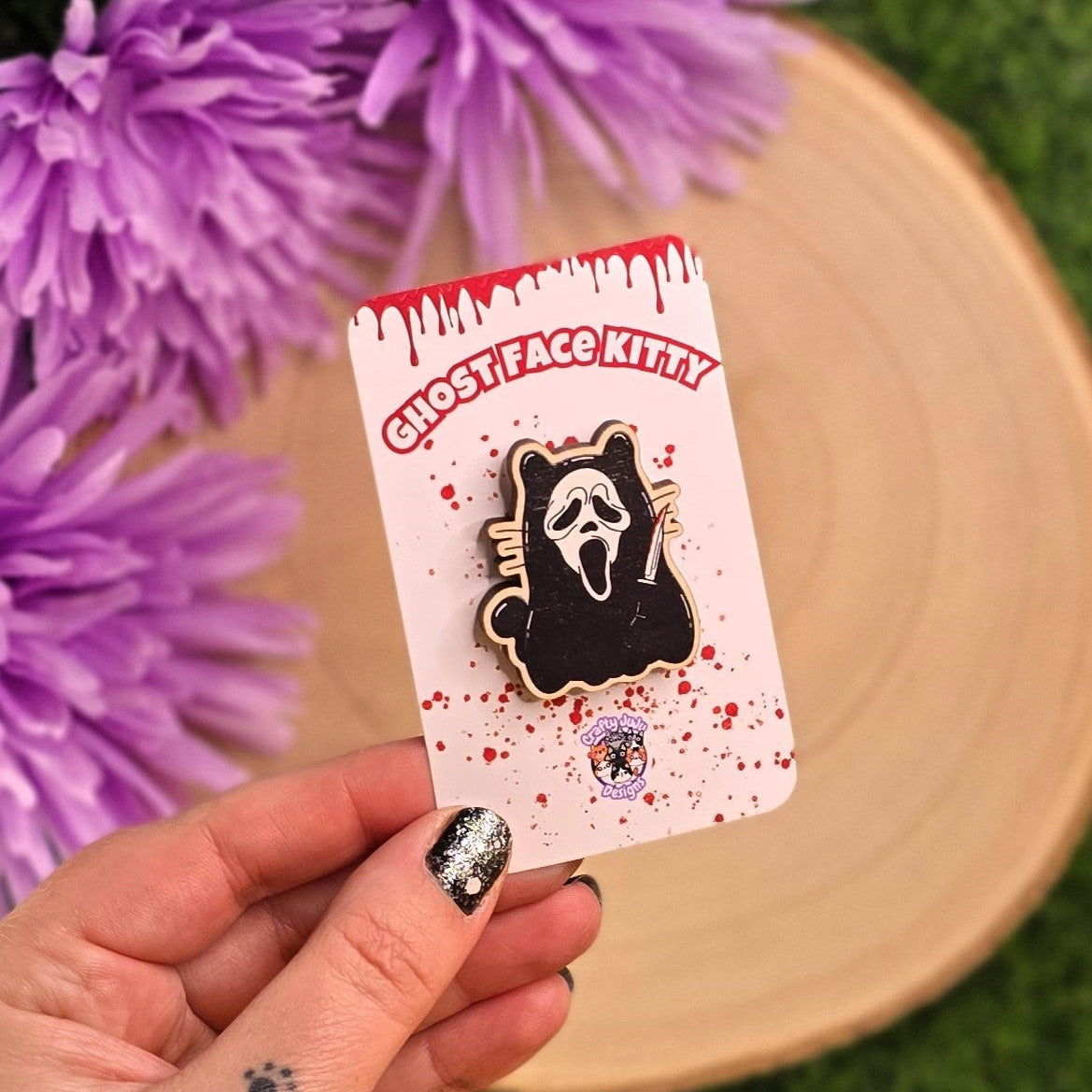 Spooky Ghost Face Kitty Black Cape Cat Wooden Pin | Horror Kitty Collectable Pin