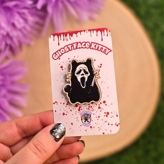 Spooky Ghost Face Kitty Black Cape Cat Wooden Pin | Horror Kitty Collectable Pin