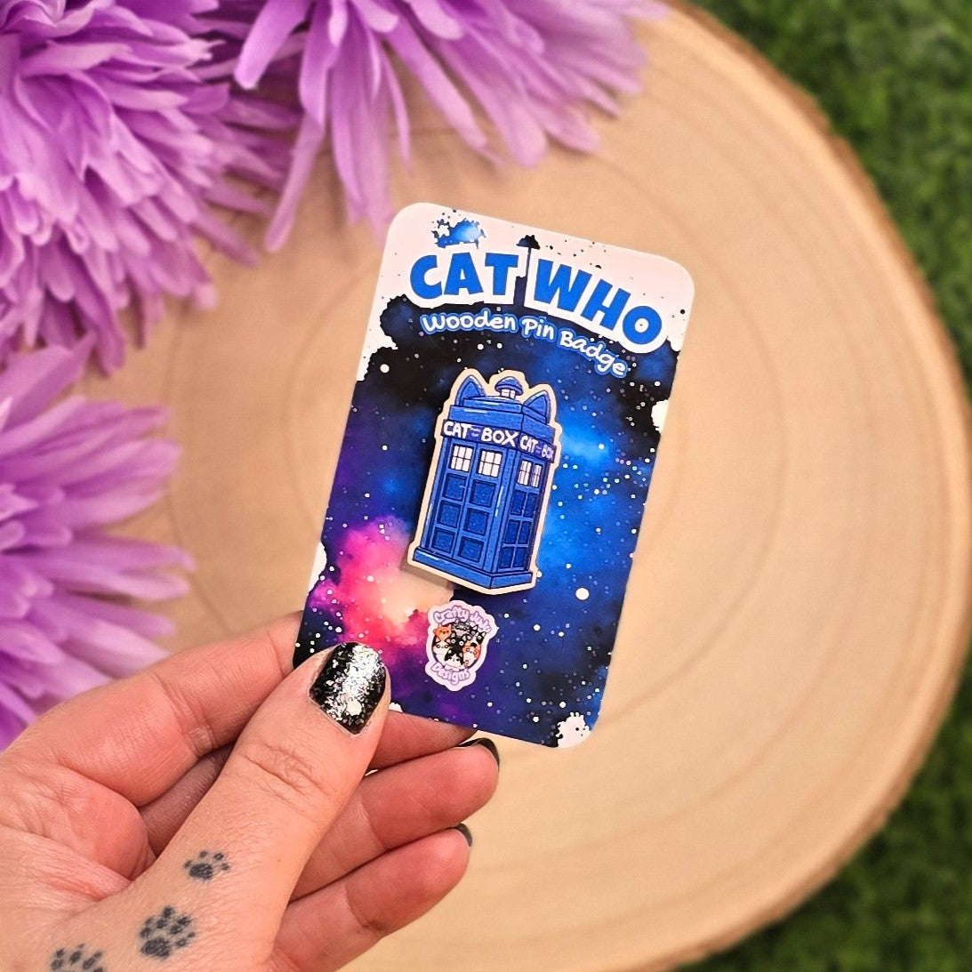 Cat Box Time Travel Wooden Pin | Cute Cat Collectable Pin | Space Adventure Cat Pin