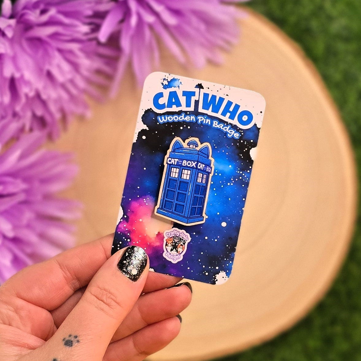 Cat Box Time Travel Wooden Pin | Cute Cat Collectable Pin | Space Adventure Cat Pin