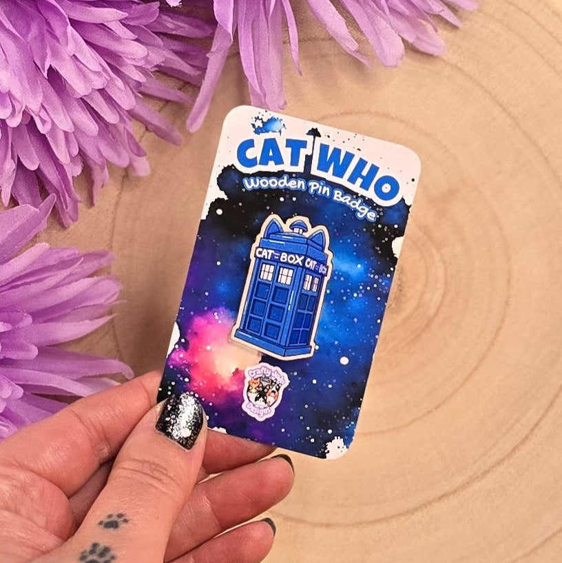 Cat Box Time Travel Wooden Pin | Cute Cat Collectable Pin | Space Adventure Cat Pin
