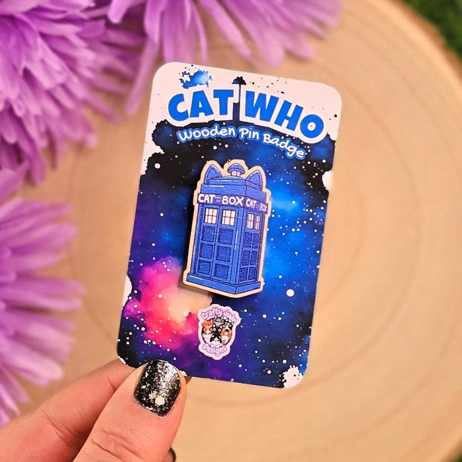 Cat Box Time Travel Wooden Pin | Cute Cat Collectable Pin | Space Adventure Cat Pin