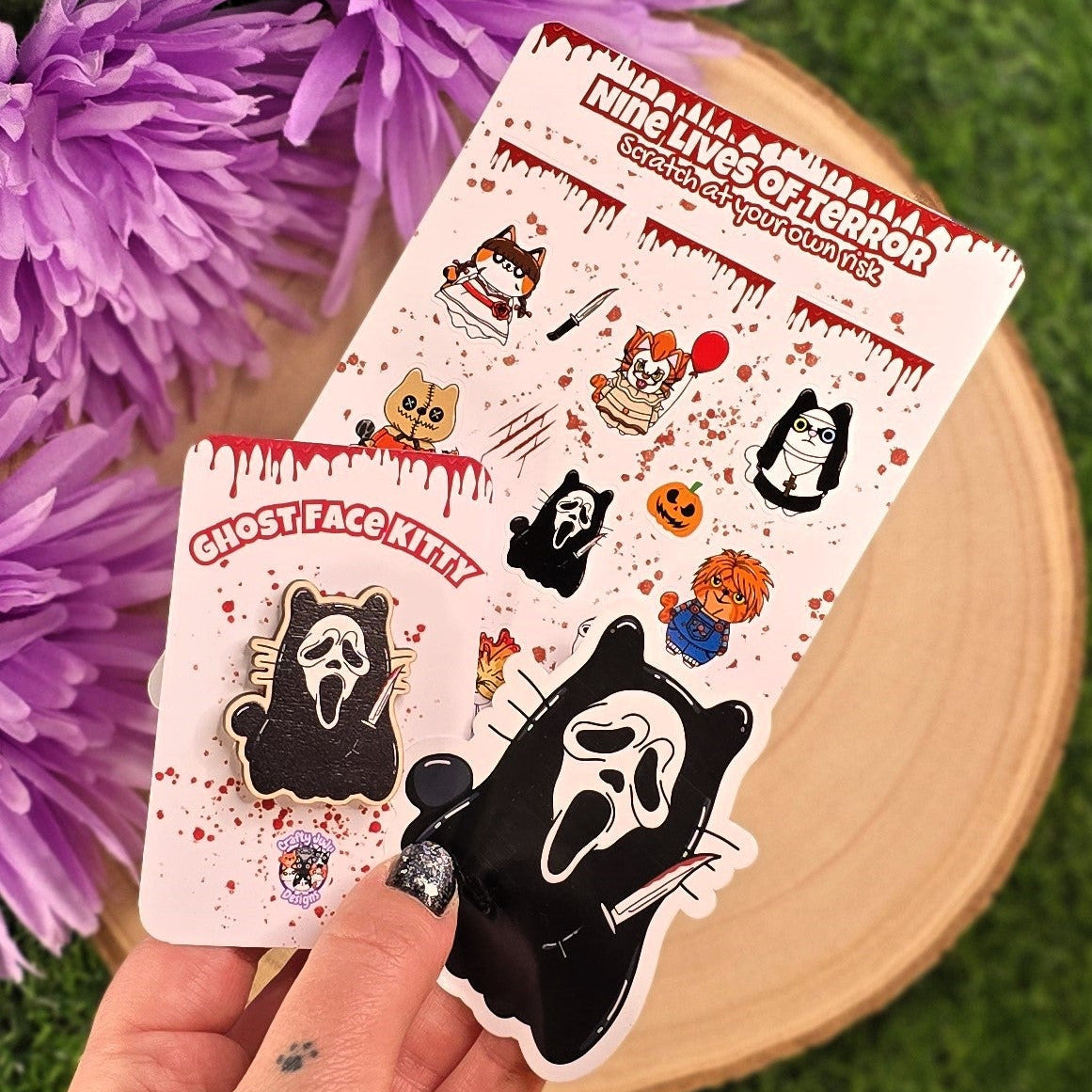 Spooky Black Cape Cat Gift Set – Wooden Pin, Vinyl Sticker & Nine Lives of Terror Planner Sticker | Horror Kitty Collectable Gift