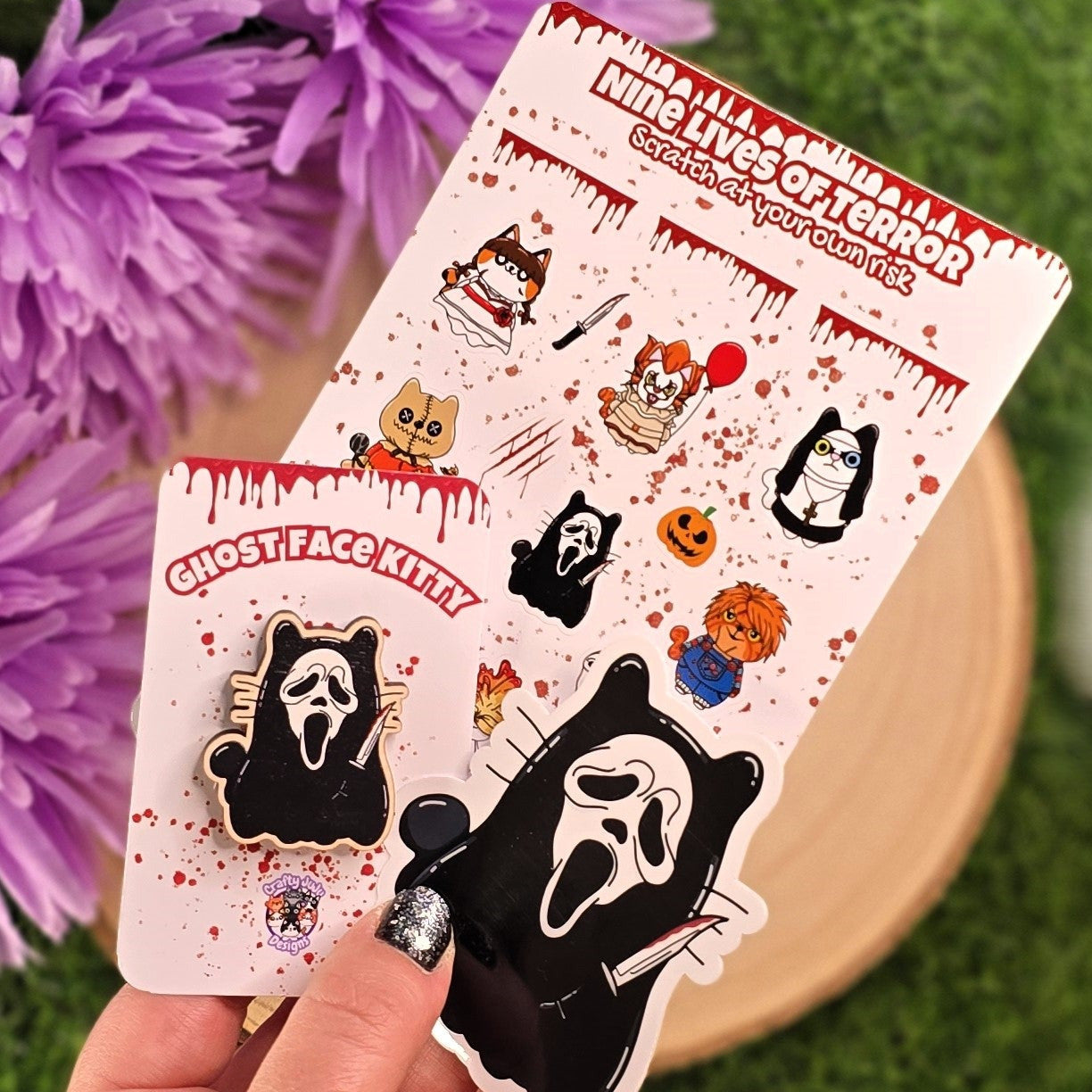 Spooky Black Cape Cat Gift Set – Wooden Pin, Vinyl Sticker & Nine Lives of Terror Planner Sticker | Horror Kitty Collectable Gift