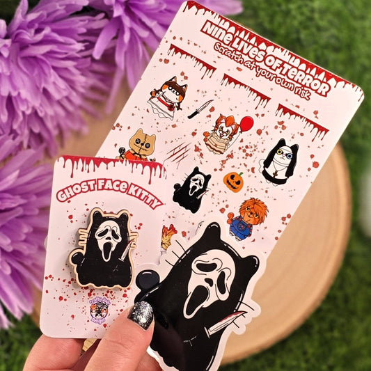 Spooky Black Cape Cat Gift Set – Wooden Pin, Vinyl Sticker & Nine Lives of Terror Planner Sticker | Horror Kitty Collectable Gift