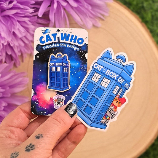 Cat Box Wooden Pin & Vinyl Sticker Gift Set | Cute Space Adventure Cat Collectables | Cat Lover Gift