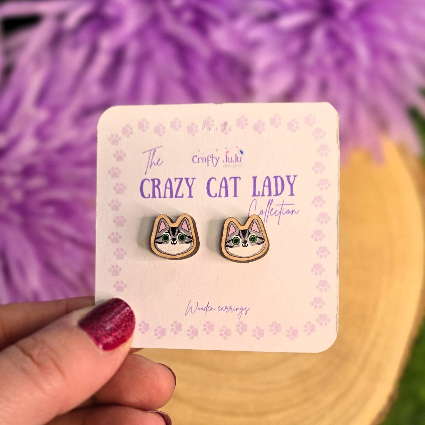 Wooden cat stud earrings on display card from Crazy Cat Lady collection, small 1cm laser cut cat head studs UK handmade