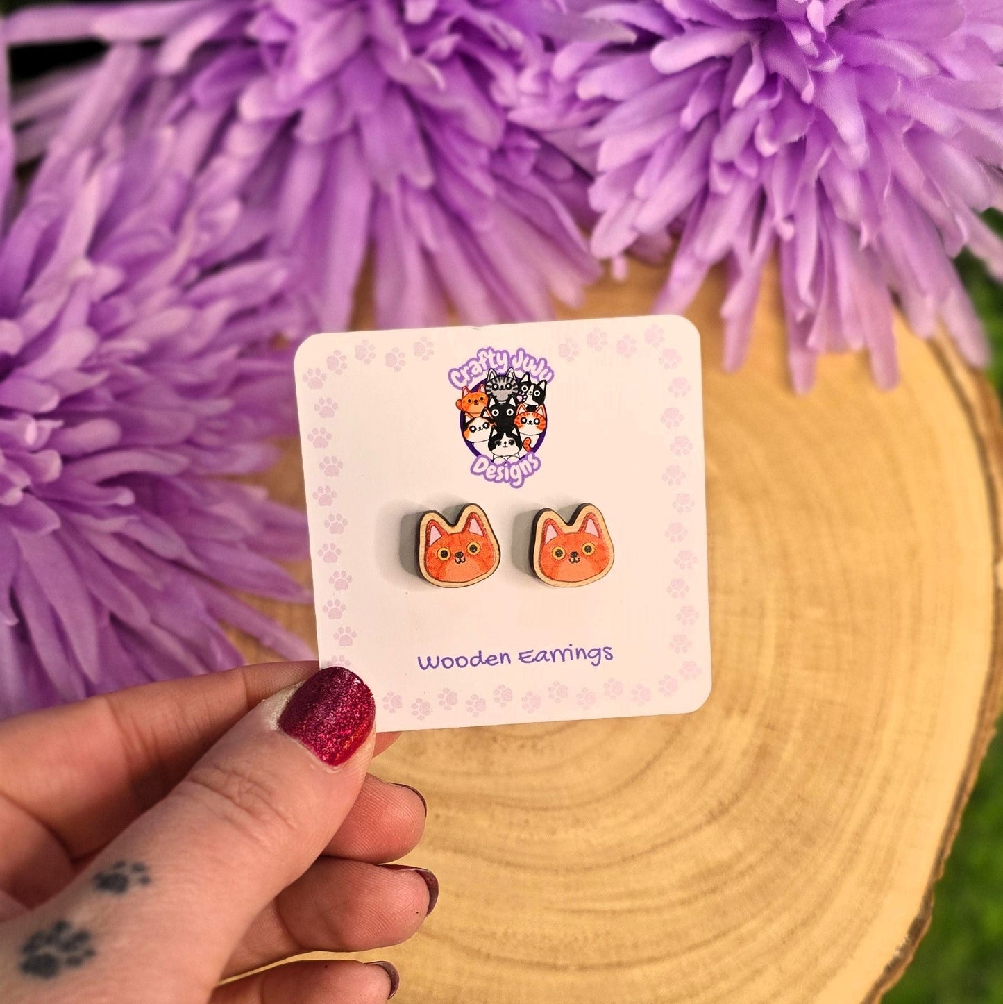 Wooden cat stud earrings on display card from Crazy Cat Lady collection, small 1cm laser cut cat head studs UK handmade