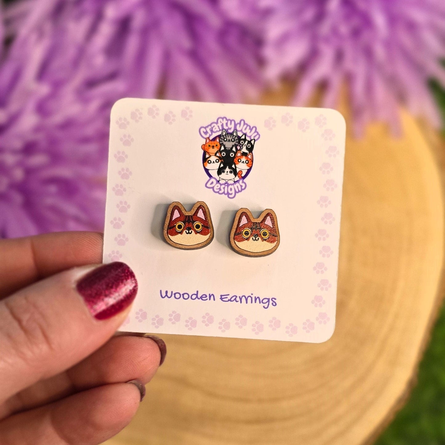 Wooden cat stud earrings on display card from Crazy Cat Lady collection, small 1cm laser cut cat head studs UK handmade