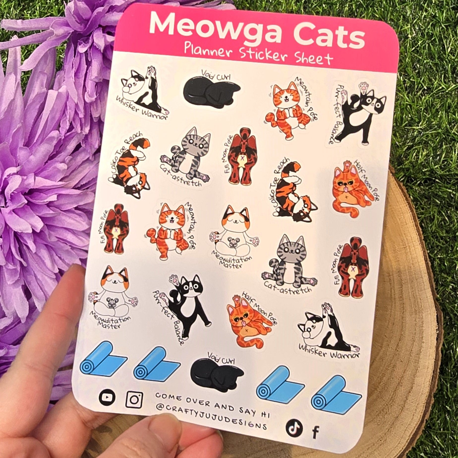 Meowga Cats A6 planner sticker sheet with yoga cat illustrations