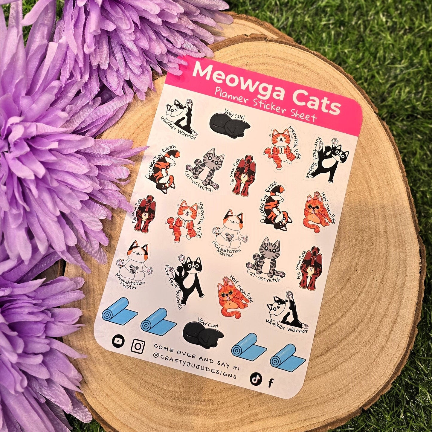 Meowga Cats A6 planner sticker sheet with yoga cat illustrations