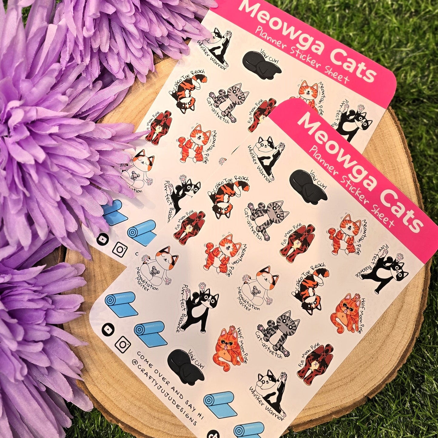 Meowga Cats A6 planner sticker sheet with yoga cat illustrations