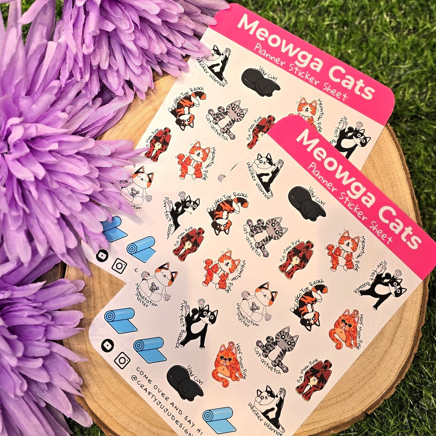 Meowga Cats A6 planner sticker sheet with yoga cat illustrations