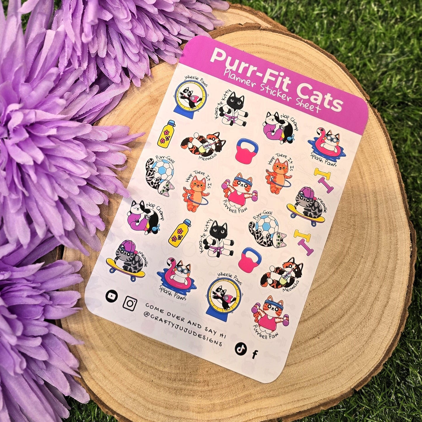 Purr-Fit Cats A6 planner sticker sheet with fitness cat illustrations