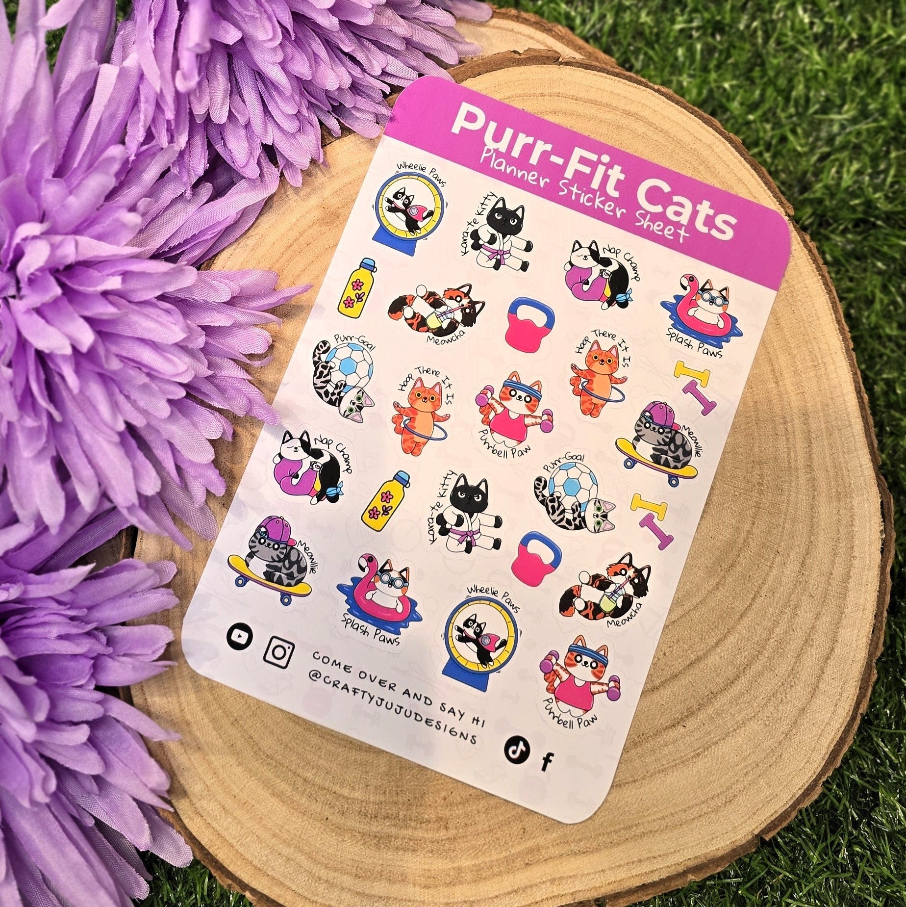 Purr-Fit Cats A6 planner sticker sheet with fitness cat illustrations