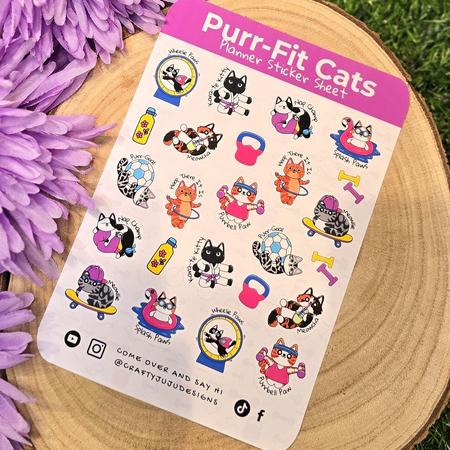 Purr-Fit Cats A6 planner sticker sheet with fitness cat illustrations